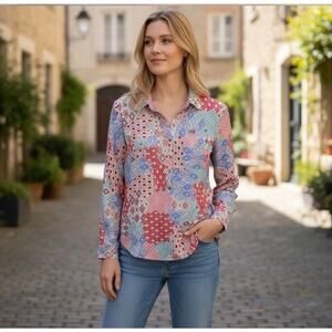 ☀️Talbots 100% Rayon Button Down Blouse Patchwork Print Long Sleeve Size Medium